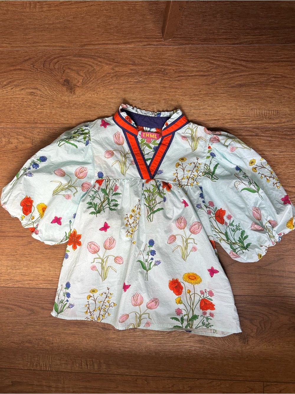 THML White Floral Puff Sleeve Blouse with Orange & Navy Trim